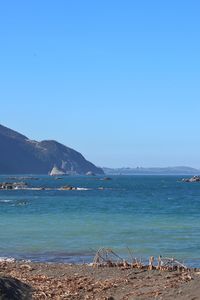 Scenic view of sea against clear blue sky