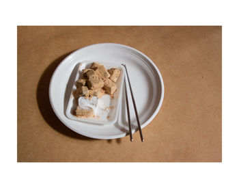 Directly above shot of dessert in plate on table