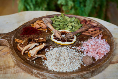 High angle view of food in plate on table