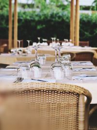 Close-up of empty glasses on table