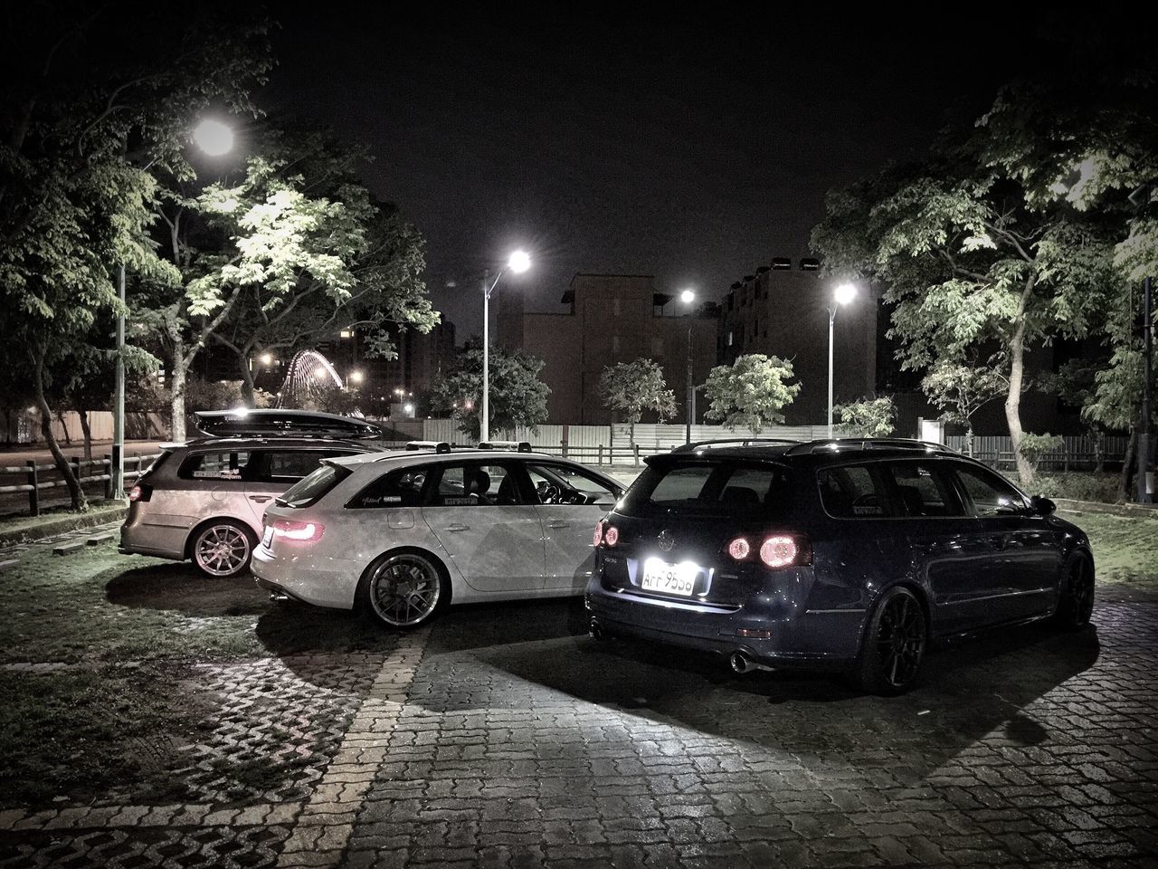 illuminated, night, car, tree, transportation, street light, outdoors, land vehicle, no people