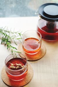 High angle view of drink in glass on table