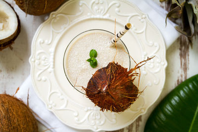 High angle view of fruits in plate on table