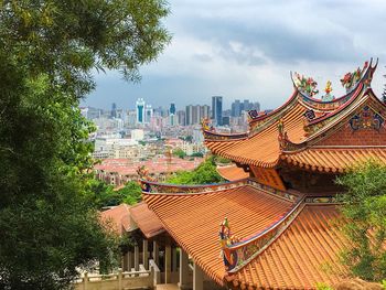 High angle view of buildings against sky