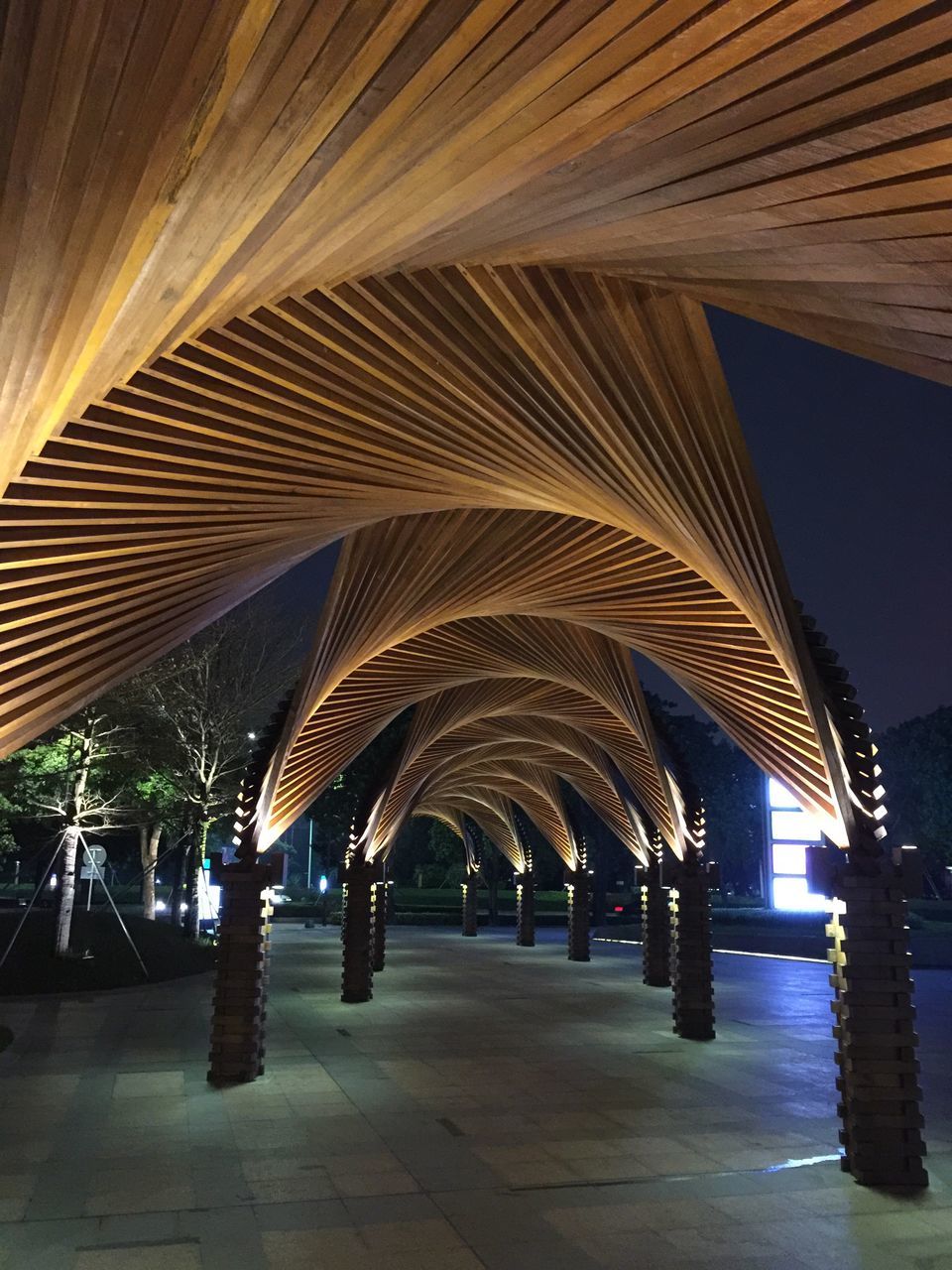 architecture, built structure, the way forward, in a row, diminishing perspective, tree, ceiling, architectural column, building exterior, low angle view, indoors, illuminated, connection, no people, repetition, column, arch, vanishing point, palm tree, walkway
