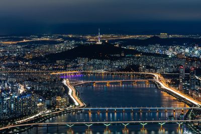 High angle view of illuminated bridge at night