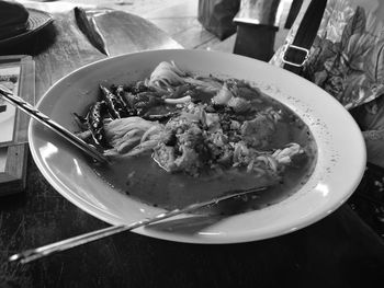 High angle view of food in plate on table