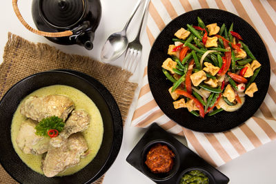 High angle view of food in plate on table