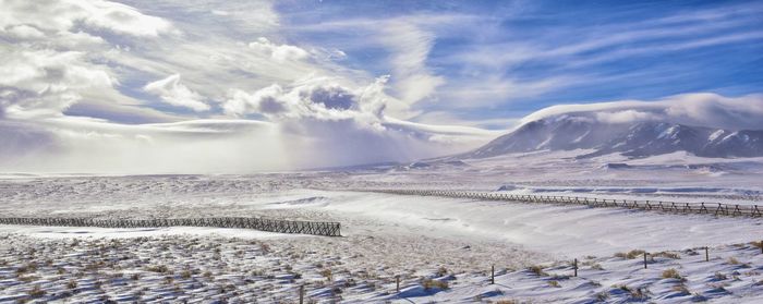 Scenic view of snowcapped mountains against sky