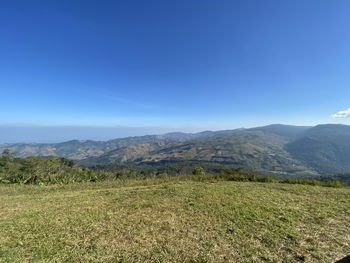 Scenic view of field against clear blue sky