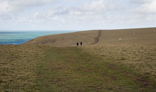 People walking on beach against sky