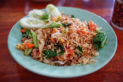 High angle view of rice served in plate on table