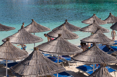 High angle view of umbrellas on beach