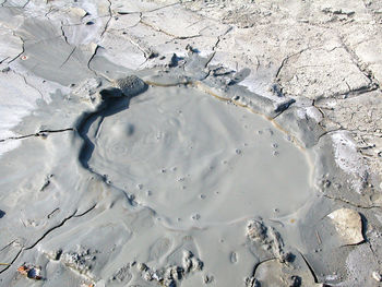 High angle view of snow covered land