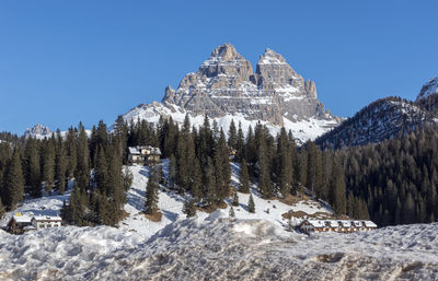 Built structure by trees against clear sky during winter