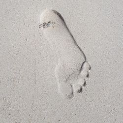 High angle view of footprints on sand at beach