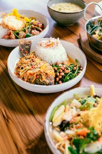 High angle view of food served on table