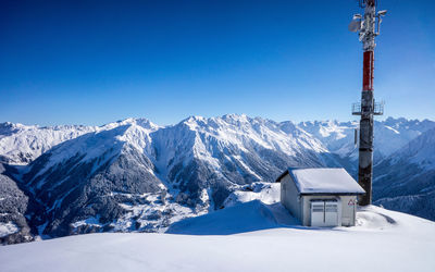 Scenic view of snow covered mountains against clear sky