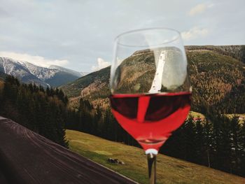 Close-up of beer in glass against mountains