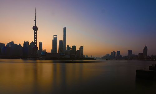 Buildings in city at sunset