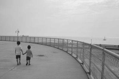 Rear view of brothers holding hands while walking on promenade against sky