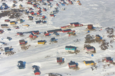 High angle view of crowd on field during winter