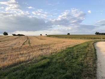 Scenic view of farm against sky