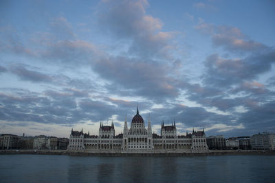 Buildings in city against cloudy sky