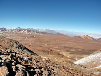 Scenic view of desert against clear blue sky