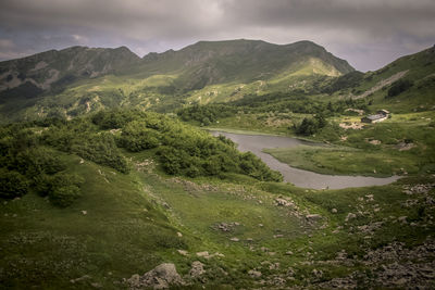 Scenic view of lake and mountains against sky