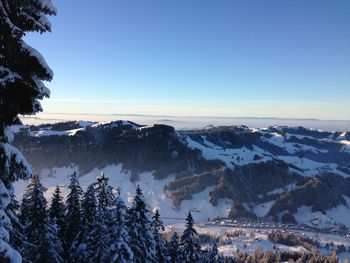 Scenic view of snow covered mountains against sky