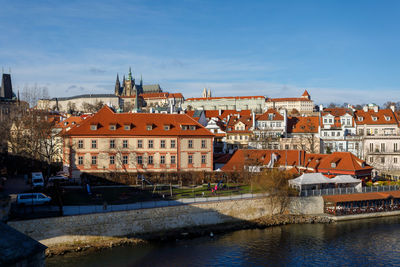 Bridge over river by buildings against sky in city