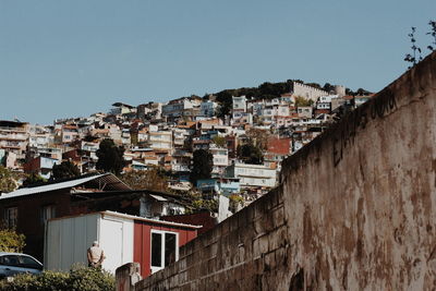 Buildings in town against clear sky