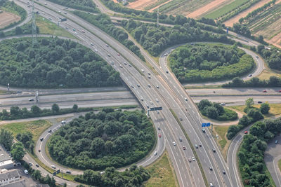 High angle view of highway on street in city