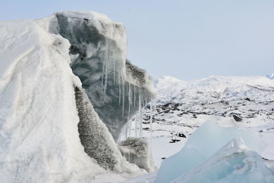 Scenic view of snowcapped mountains against clear sky