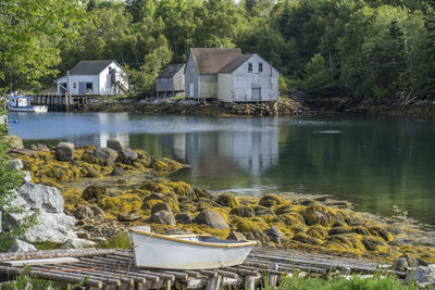 Houses by ocean against trees and plants