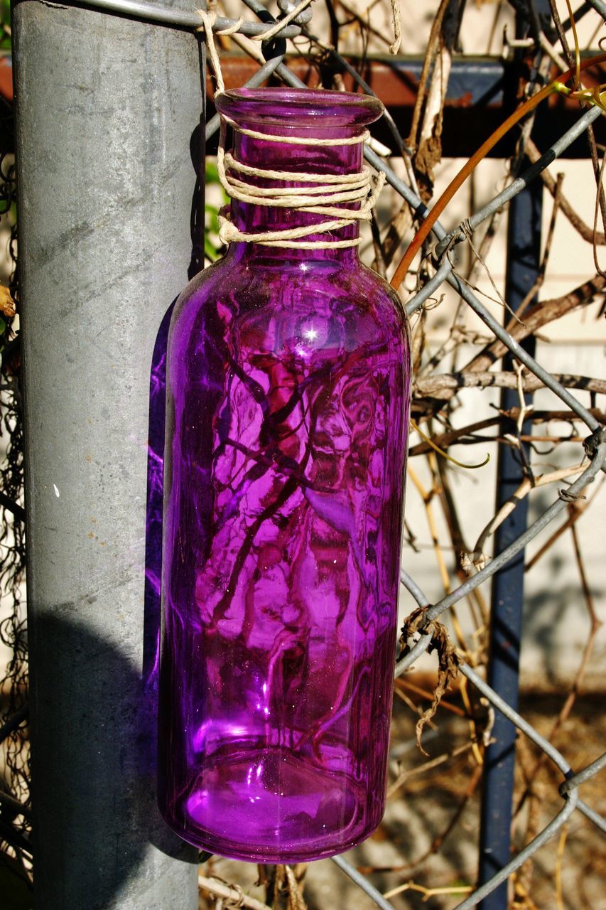 purple, glass, container, no people, nature, flower, spring, violet, drinkware, close-up, lighting, day, bottle, outdoors, plant, jar, food and drink, focus on foreground, pink, freshness