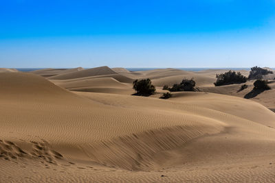 Scenic view of desert against clear blue sky