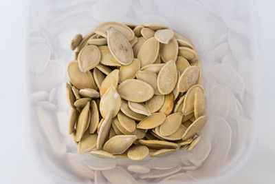 High angle view of bread in bowl on table