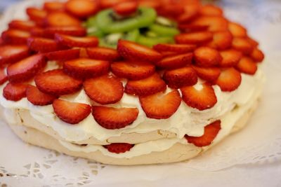 High angle view of strawberry cake on table