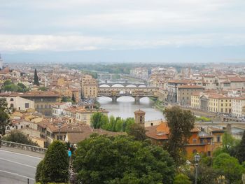 View of cityscape against cloudy sky