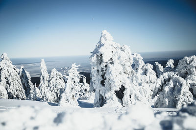 Panoramic view of snow covered land against clear sky