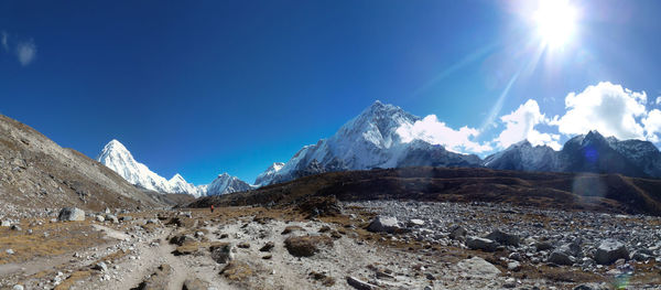 Panoramic view of snowcapped mountains against blue sky