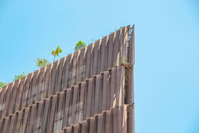 Low angle view of building against clear blue sky