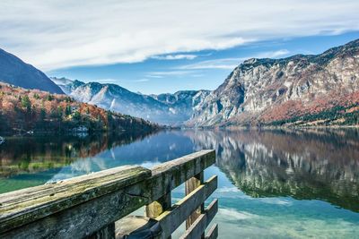 Scenic view of lake against cloudy sky