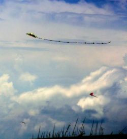 Low angle view of helicopter flying against cloudy sky