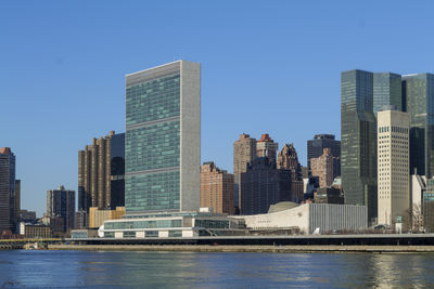 United nations building view on a clear blue day, midtown manhattan skyline, new york city