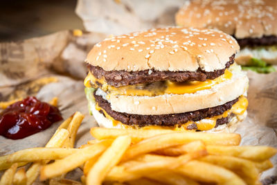 Close-up of hamburger and french fries on paper