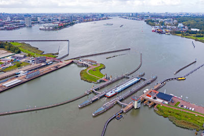 High angle view of boats in river