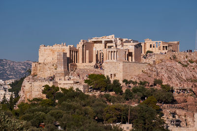 Low angle view of buildings against clear sky